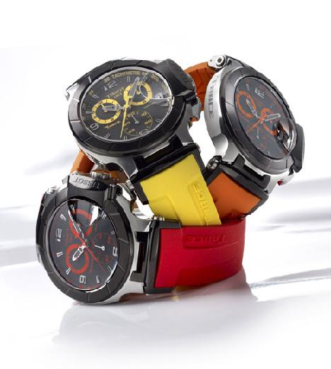 天梭竞速系列红色、黄色和橙色三款腕表