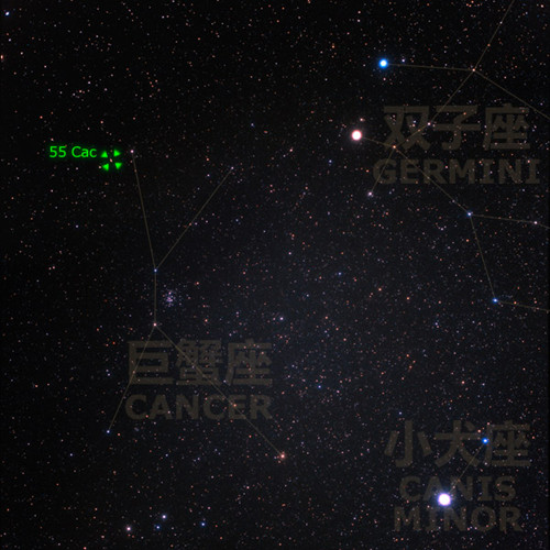 夜空中的巨蟹座，以及其中的巨蟹座55A。（原图来自：spacetelescope.org，标注：老猫）