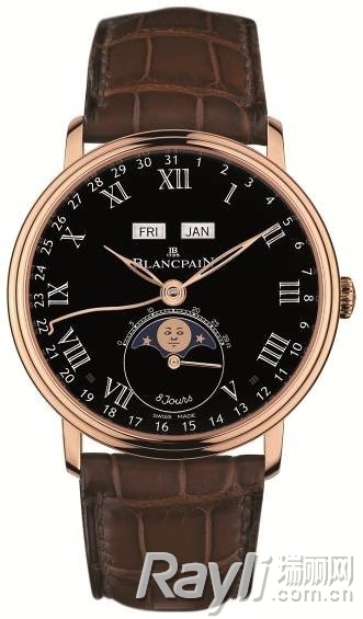 Blancpain宝珀8天长动力全历月相腕表，黑色珐琅表盘（18K玫瑰金版）