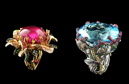 苗珠宝生灵系列之绽放戒指（左）RMB120000元 苗珠宝生灵系列之狂欢戒指（右）RMB 66000元