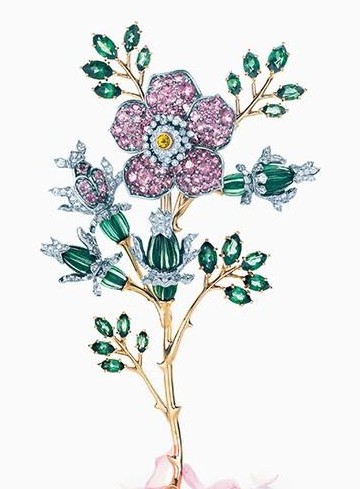 Tiffany&Co。蒂芙尼玫瑰造型粉色及绿色碧玺胸针