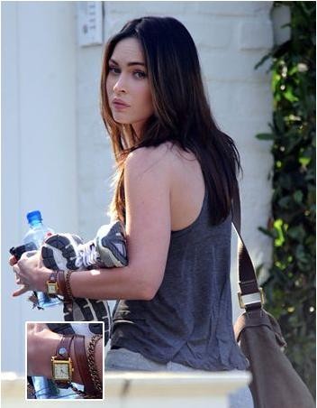 强硬星妈《变形金刚》女主角Megan Fox 棕色复古卡地亚腕表