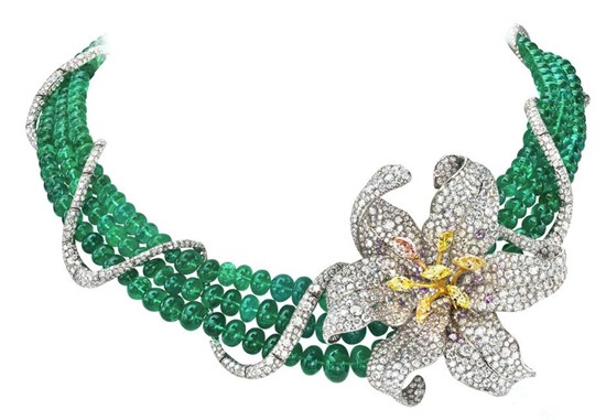 One of Anna Hu's latest creations,the emerald Turandot Lily necklace,pavé set with diamonds.