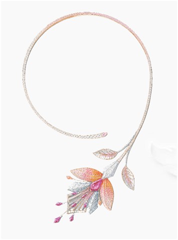 Fleur de Lotus项链镶嵌红碧玺，蓝宝石，大理石和钻石白金和玫瑰金