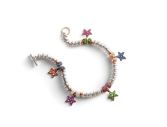 Dodo海星吊饰手链，K金镶钻石、红宝石、蓝宝石、沙弗莱石、紫晶、橘色蓝宝石和银。