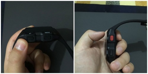 手表两侧分别是UP键、DOWN键、SOS红色键及开关机及主界面HOME键。