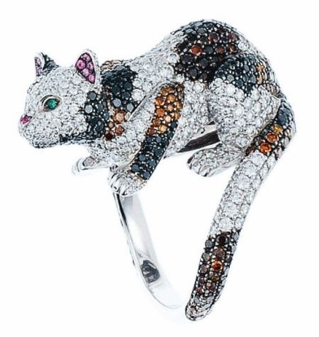 Chopard 萧邦18K金镶白色及黑色棕色钻石猫戒指