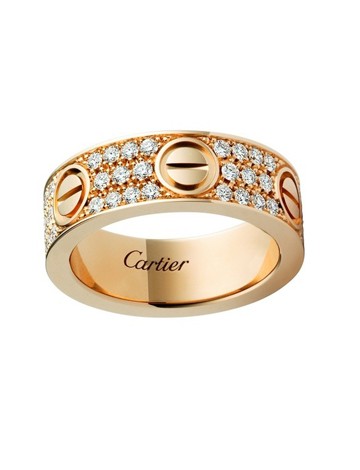 卡地亚Love 系列玫瑰金戒指，镶满钻石，纯金螺钉